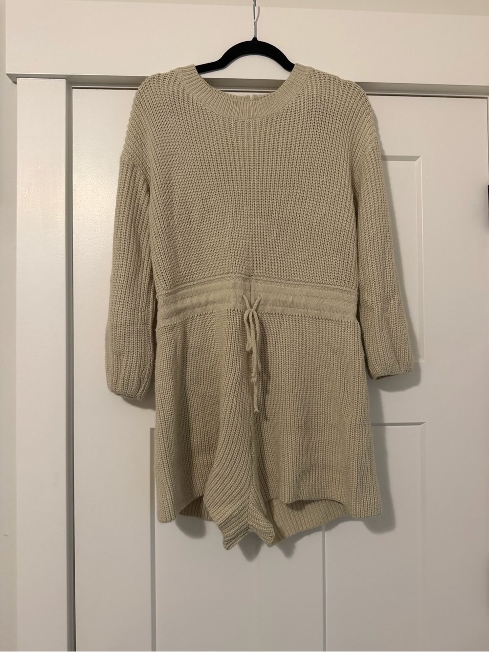 Knit Romper with Drawstring Waist in Cream
